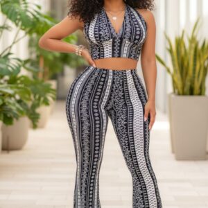 Paisley Printed Halter Crop Top And Pant 2pc Set